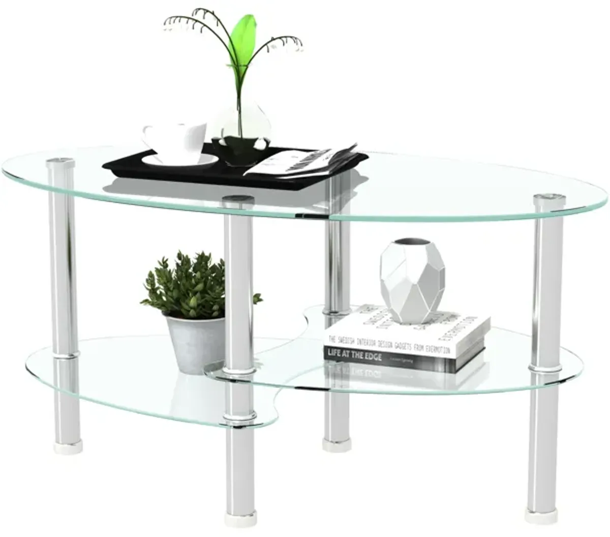 Transparent Oval Glass Coffee Table, Modern Table In Living Room Oak Wood Leg Tea Table 3-Layer Glass Table