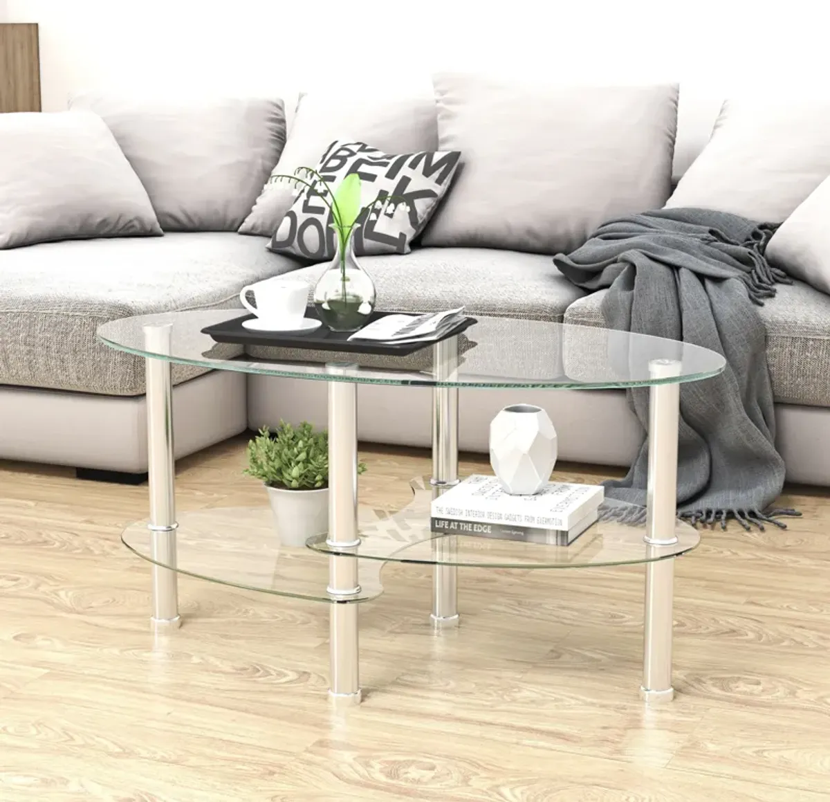 Transparent Oval Glass Coffee Table, Modern Table In Living Room Oak Wood Leg Tea Table 3-Layer Glass Table