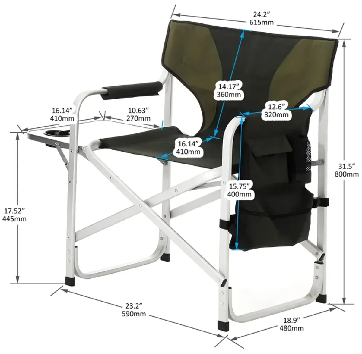 Padded Folding Outdoor Chair With Side Table And Storage Pockets, Lightweight Oversized Directors Chair For Indoor, Outdoor Camping, Picnics And Fishing