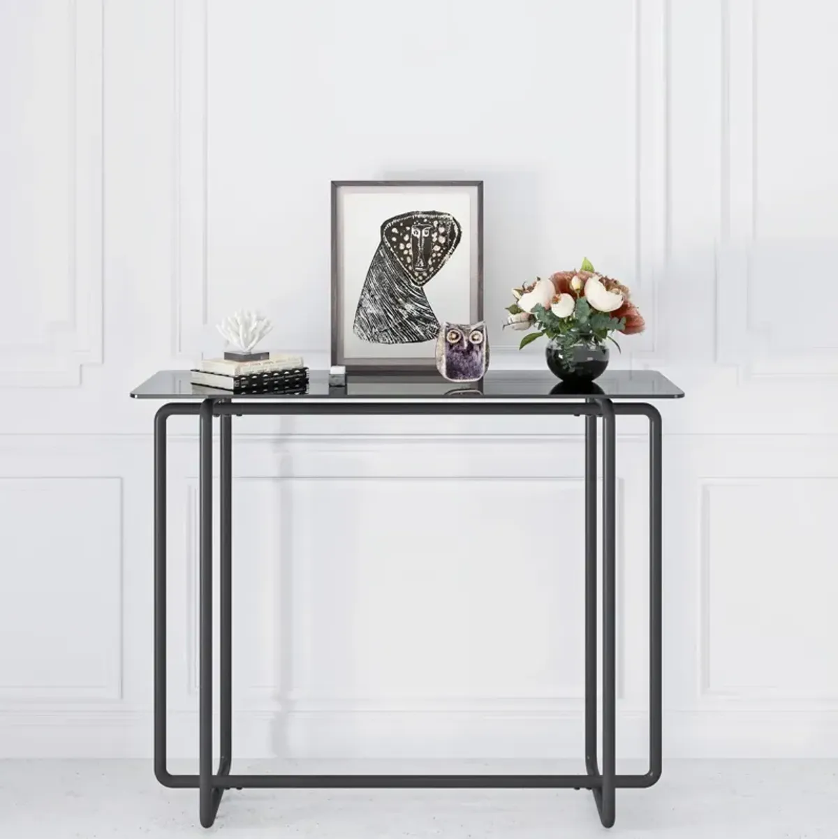 Console Table Single Layer Tempered Glass Rectangular Porch Table Black Leg Double Tempered Glass Tea Table