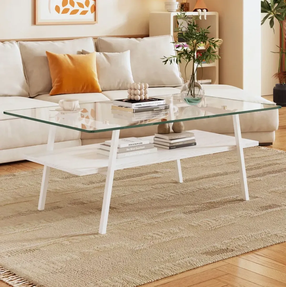 Rectangle Coffee Table, Tempered Glass Tabletop With Metal Legs, Modern Table For Living Room