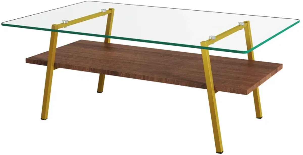 Rectangle Coffee Table, Tempered Glass Tabletop With Metal Legs, Modern Table For Living Room