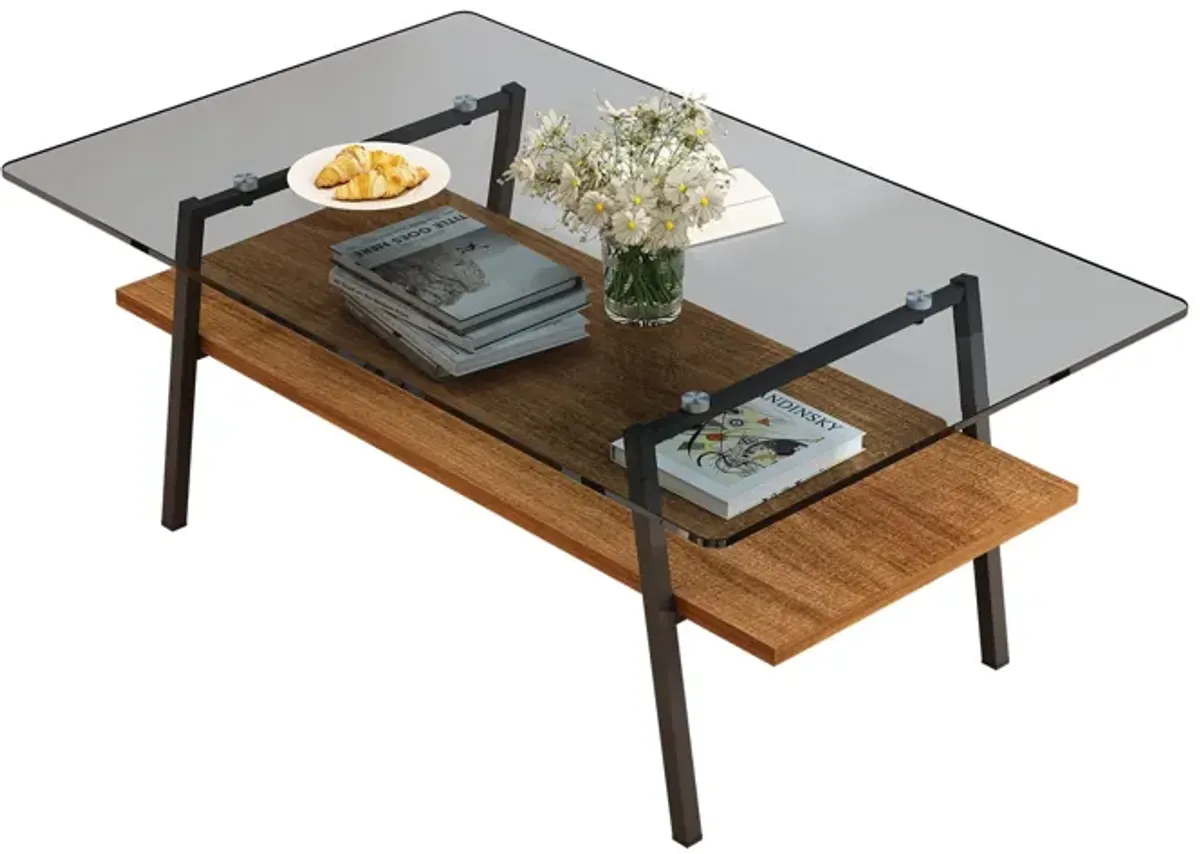 Rectangle Coffee Table, Tempered Glass Tabletop With Metal Legs, Modern Table For Living Room - Black Glass