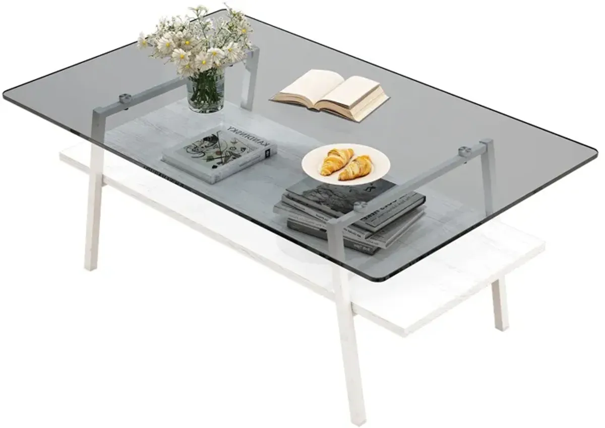 Rectangle Coffee Table, Tempered Glass Tabletop With Metal Legs, Modern Table For Living Room - Black Glass