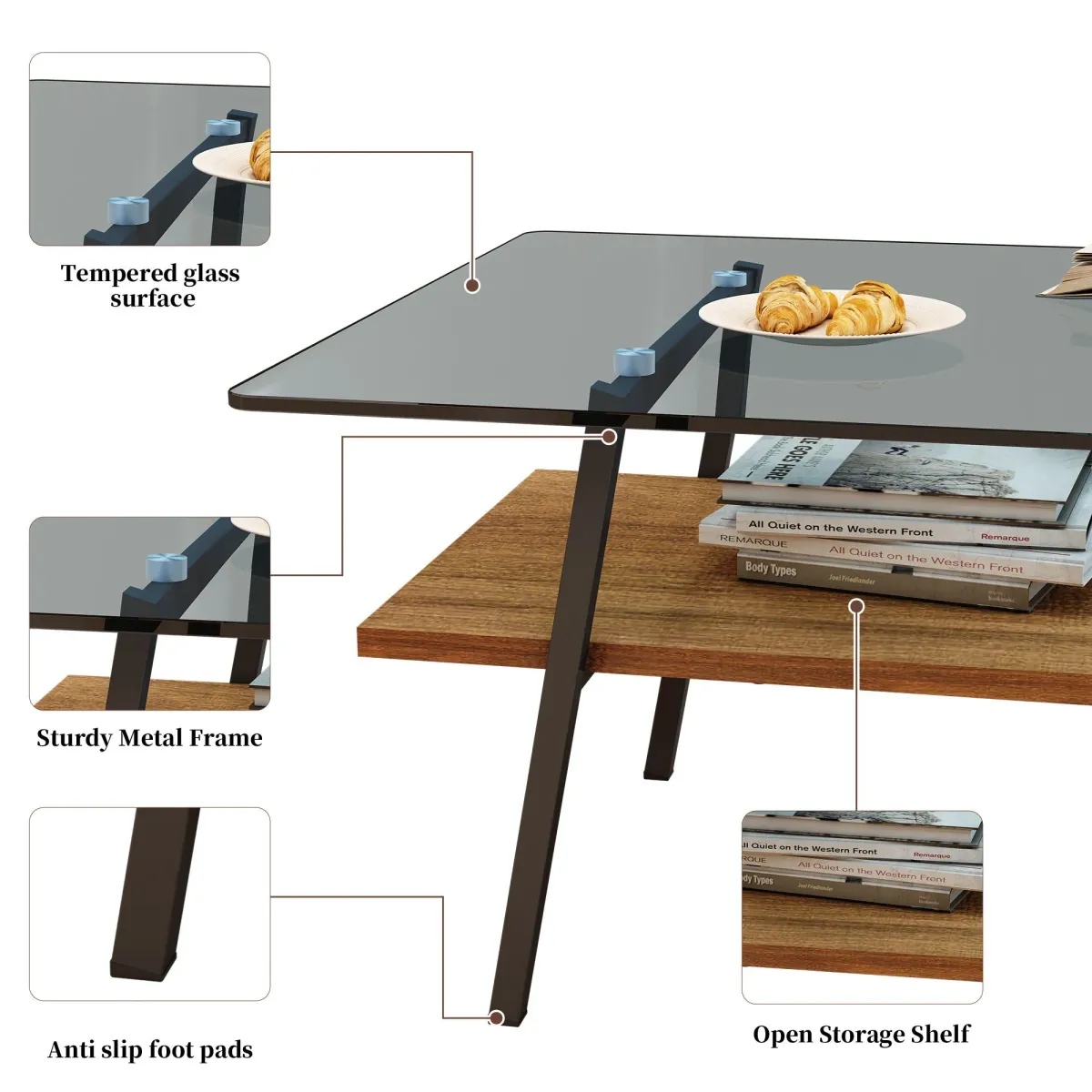 Rectangle Coffee Table, Tempered Glass Tabletop With Metal Legs, Modern Table For Living Room - Black Glass