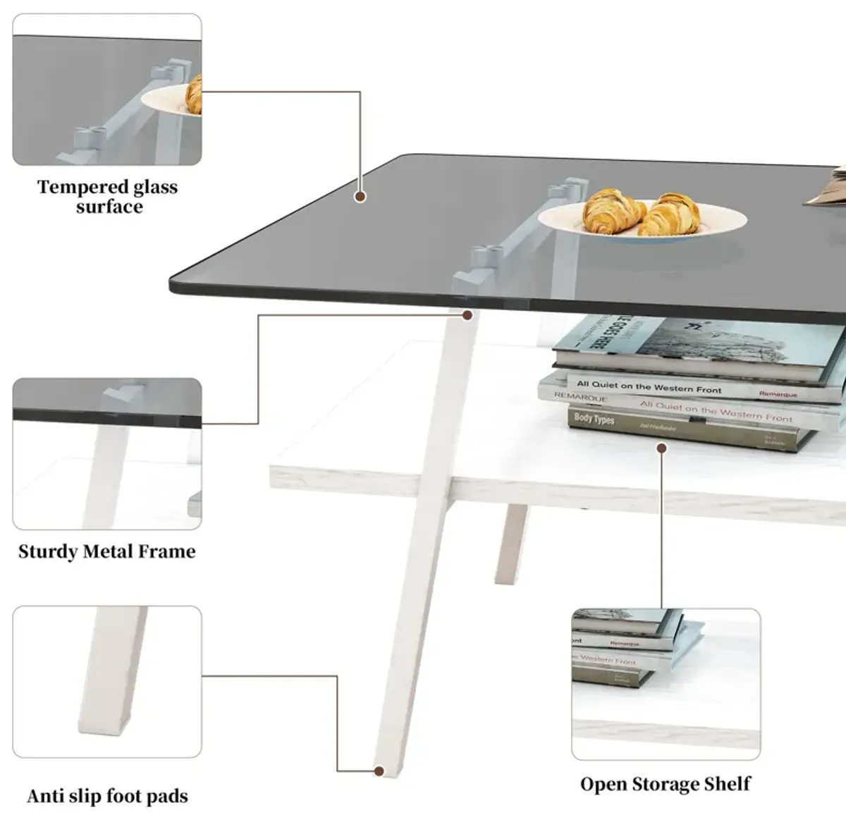 Rectangle Coffee Table, Tempered Glass Tabletop With Metal Legs, Modern Table For Living Room - Black Glass