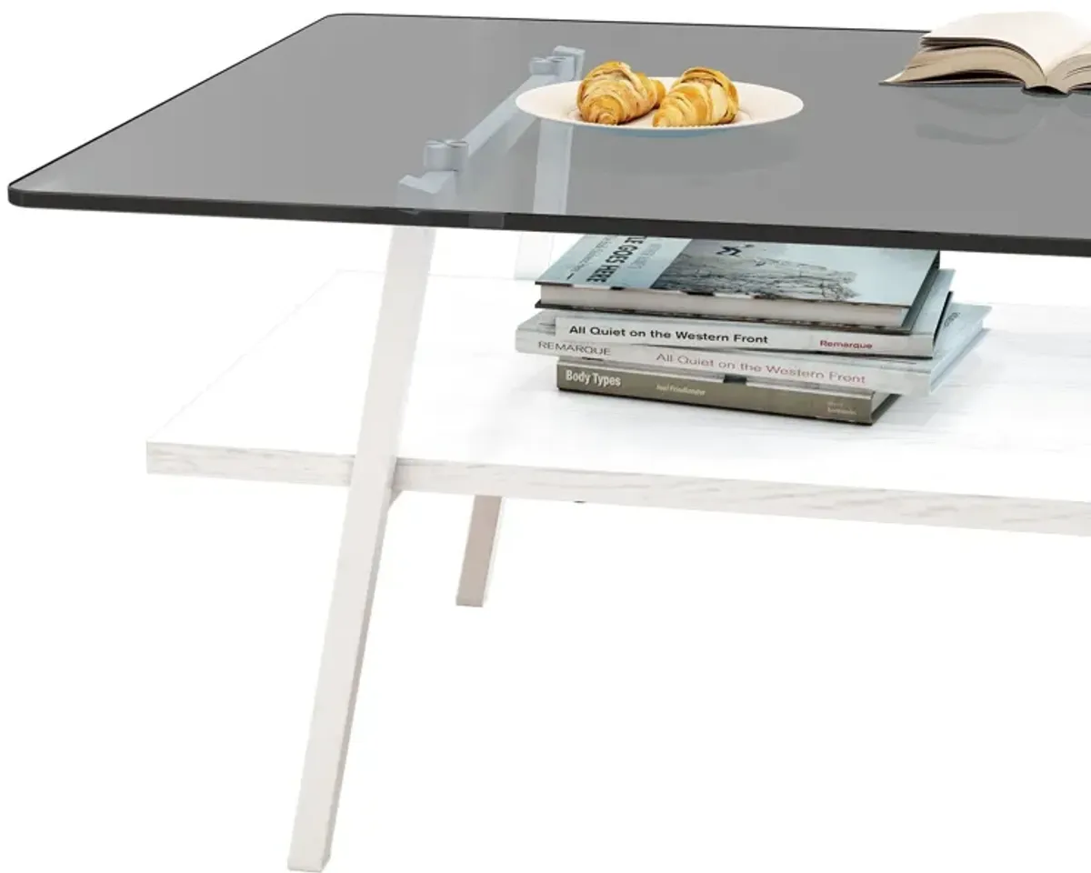 Rectangle Coffee Table, Tempered Glass Tabletop With Metal Legs, Modern Table For Living Room - Black Glass