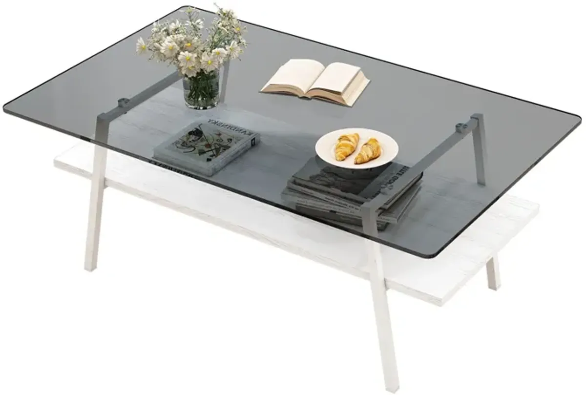 Rectangle Coffee Table, Tempered Glass Tabletop With Metal Legs, Modern Table For Living Room - Black Glass