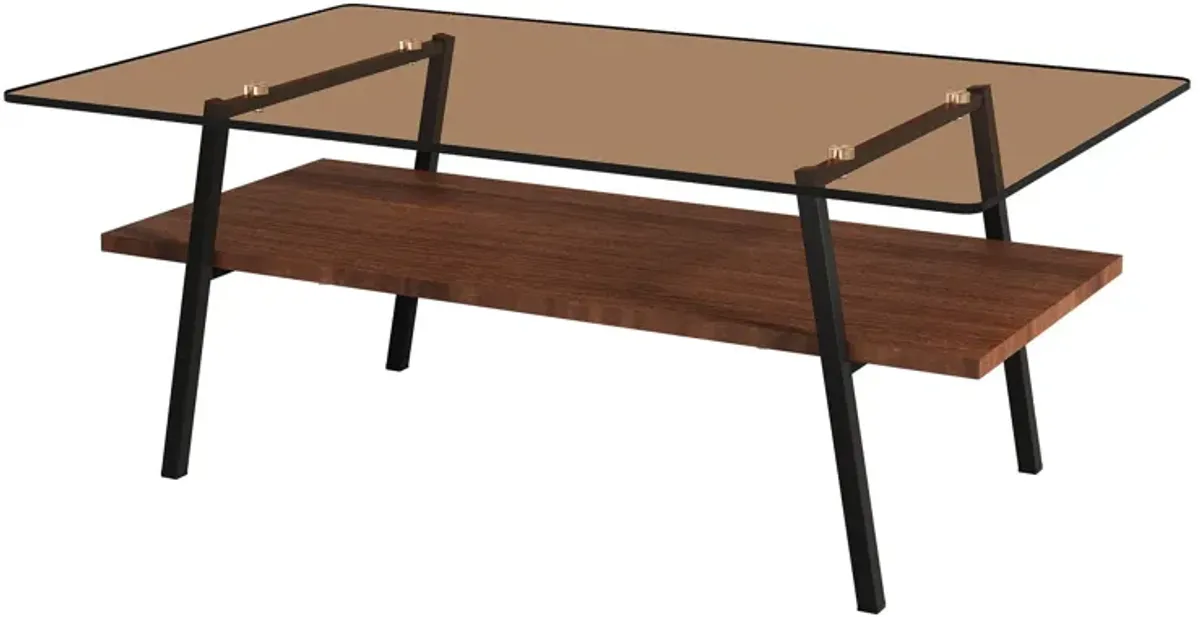 Rectangle Coffee Table, Tempered Glass Tabletop With Metal Legs, Modern Table For Living Room - Brown