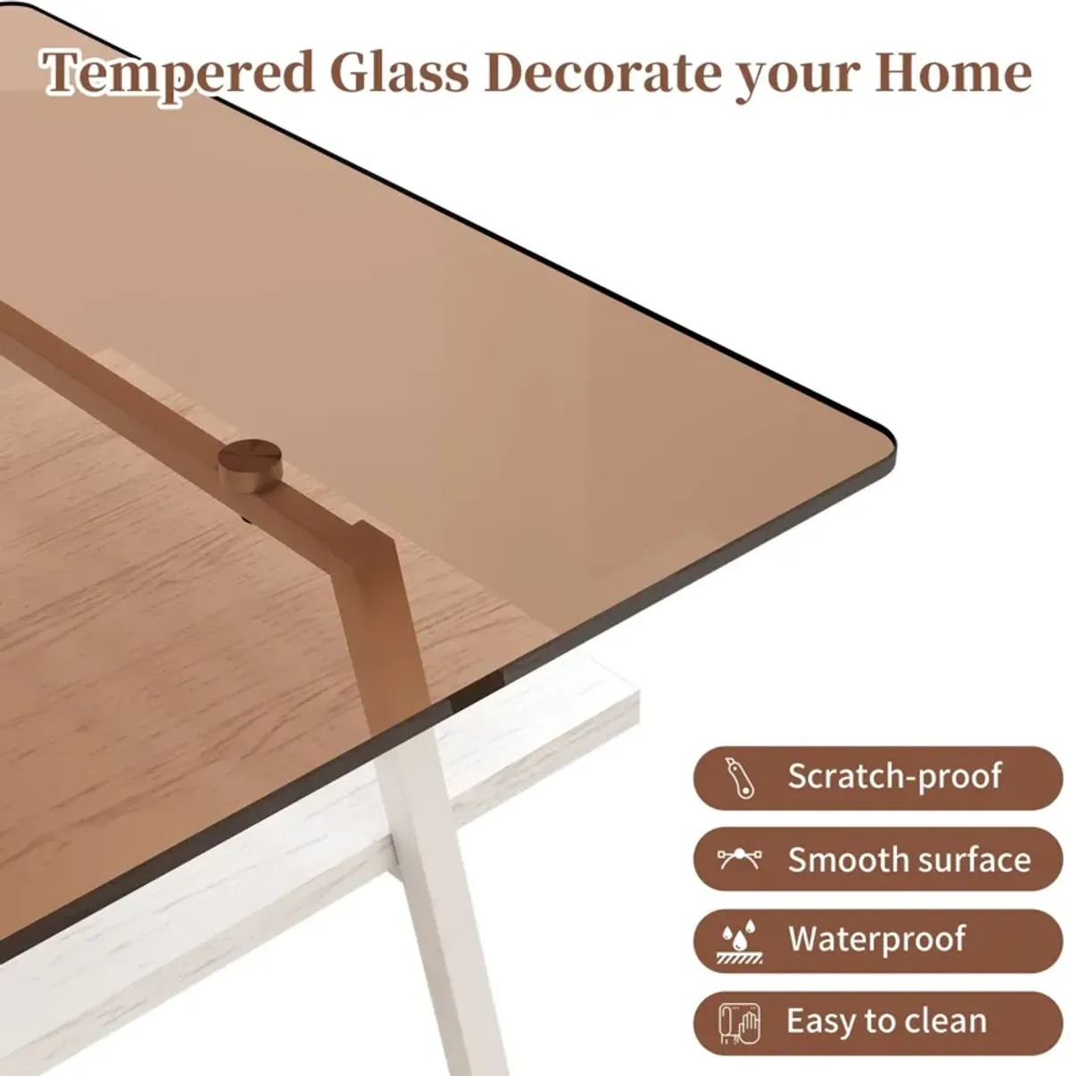 Rectangle Coffee Table, Tempered Glass Tabletop With Metal Legs, Modern Table For Living Room - Brown