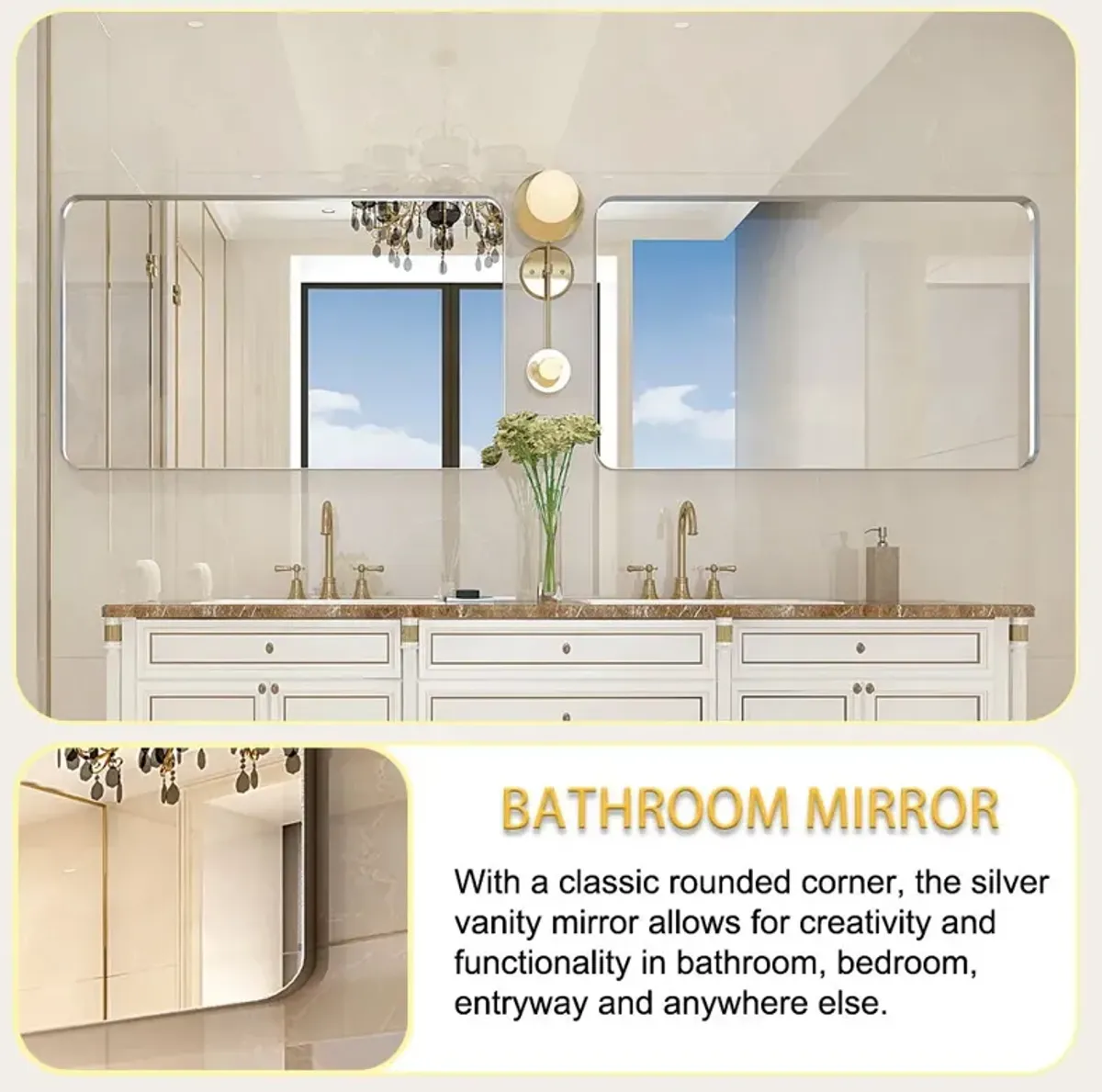 Rounded Corner Rectangle Bathroom Mirror For Wall Metal Frame Wall Mounted Bathroom Mirror Vanity Bathroom Mirror (Horizontal & Vertical)