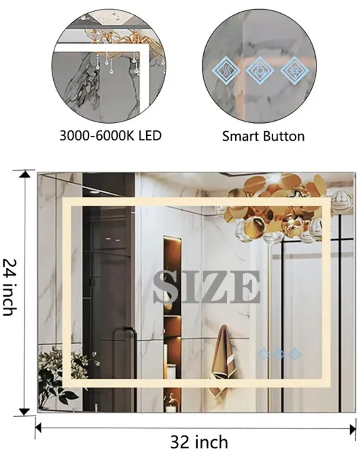 3000-6000K LED Bathroom Mirror With Lights, Anti-Fog Dimmable Lighted Wall Mounted Vanity Mirror Master Bath Modern Makeup (Only Mirrors, Not Cabinets) Horizontal & Vertical