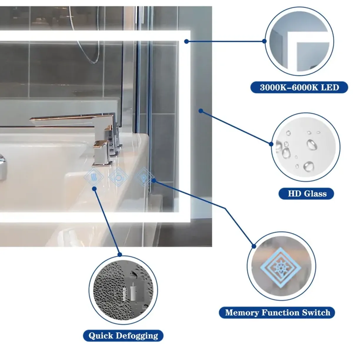 3000-6000K LED Bathroom Mirror With Lights, Anti-Fog Dimmable Lighted Wall Mounted Vanity Mirror Master Bath Modern Makeup (Only Mirrors, Not Cabinets) Horizontal & Vertical