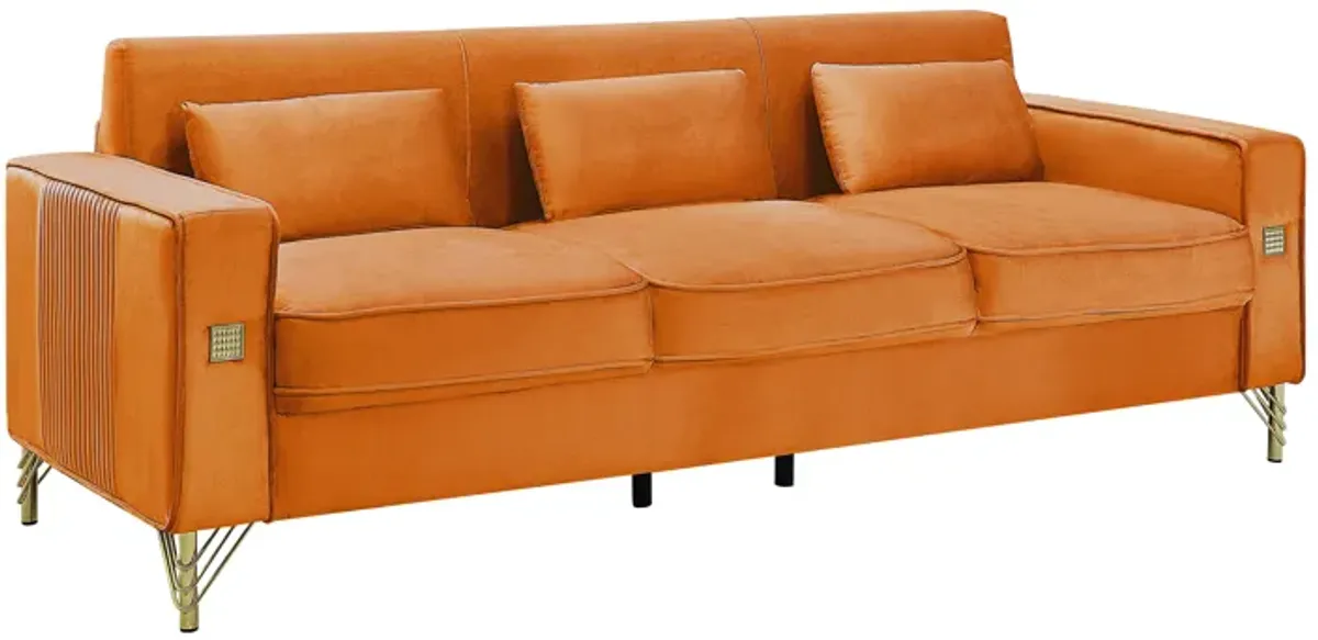 Velvet Sofa With Pillows And Gold Finish Metal Leg For Living Room