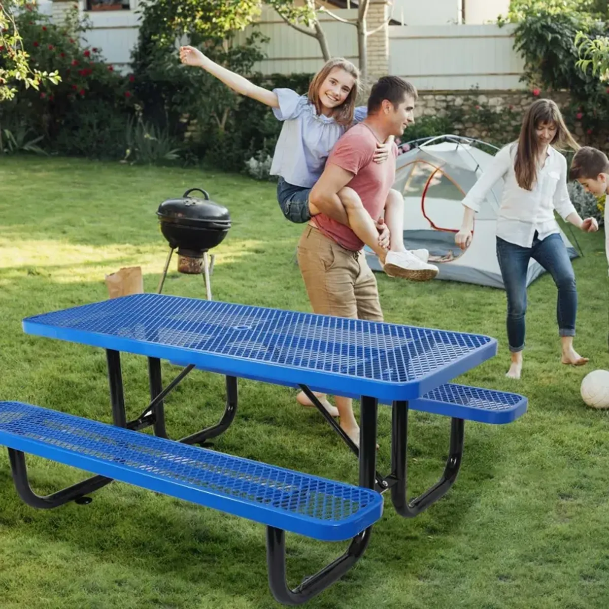 Outdoor Steel Picnic Rectangular Table With Umbrella Pole