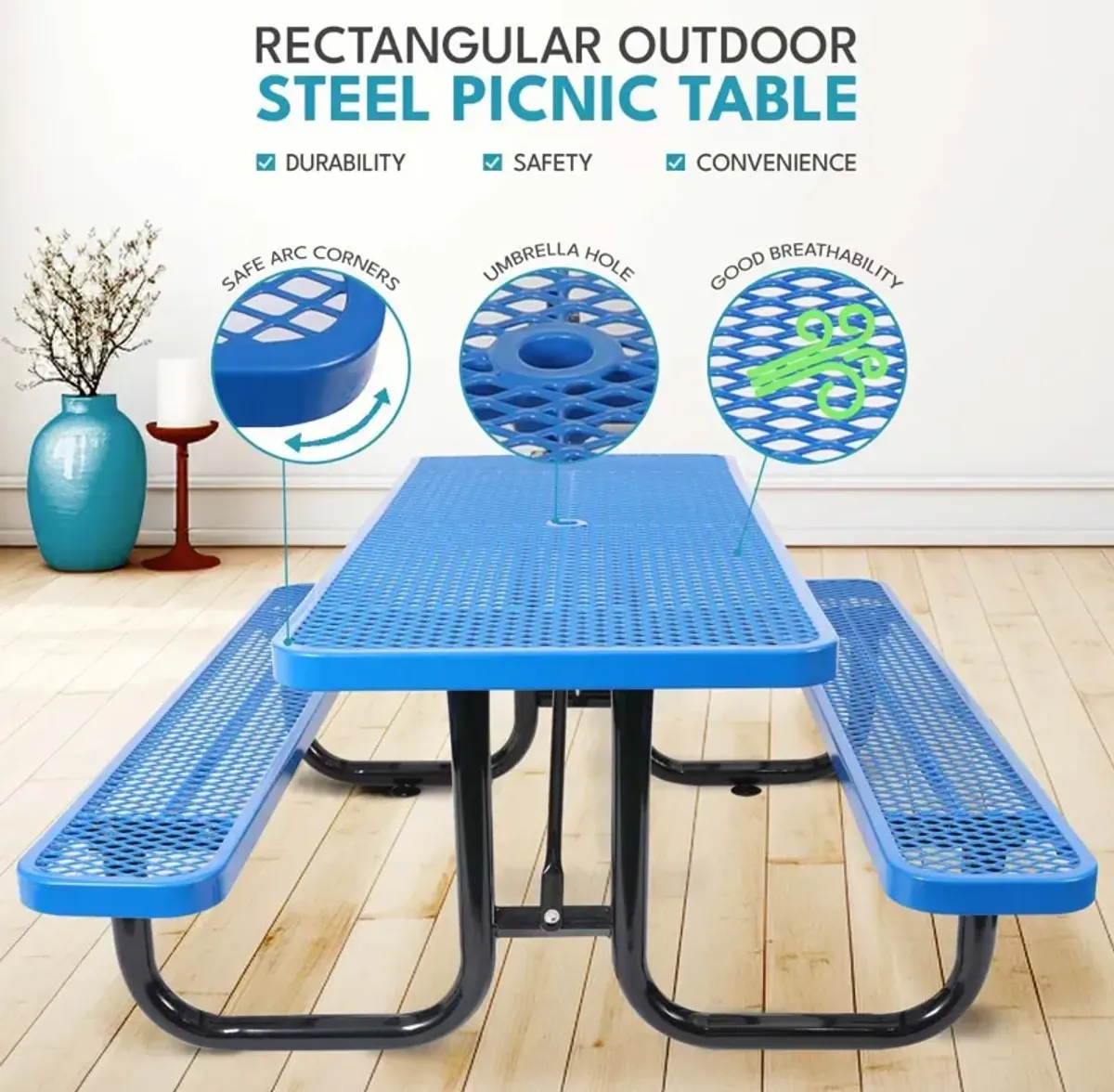 Outdoor Steel Picnic Rectangular Table With Umbrella Pole