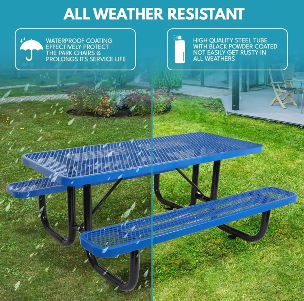 Outdoor Steel Picnic Rectangular Table With Umbrella Pole