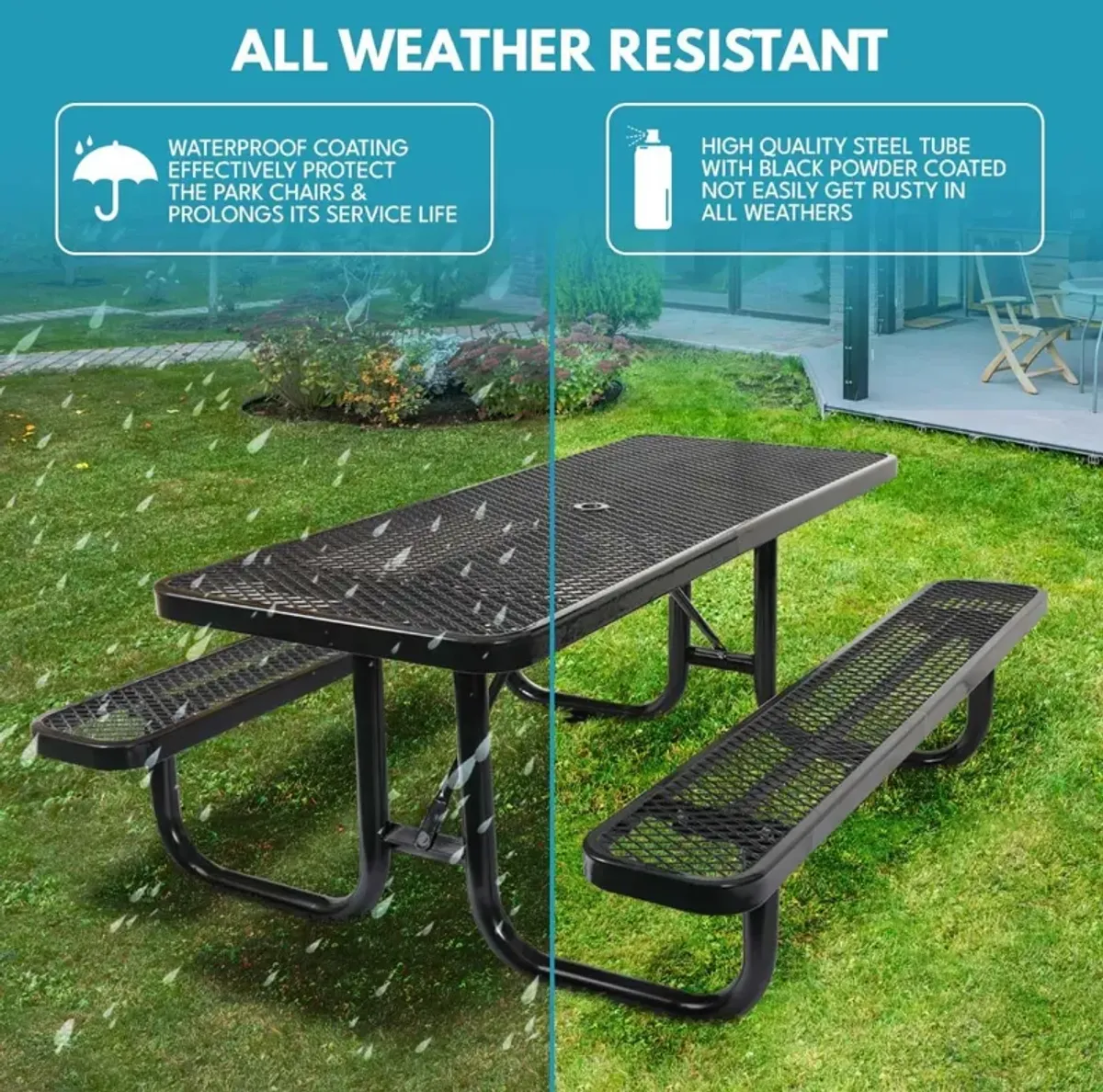 Outdoor Steel Picnic Rectangular Table With Umbrella Pole