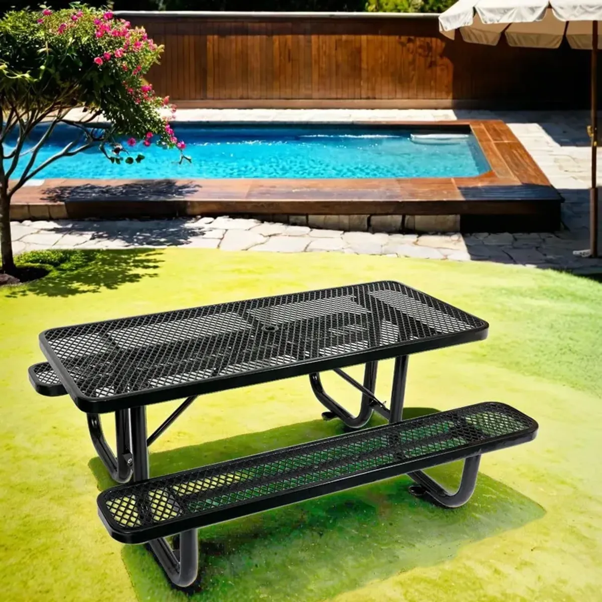 Outdoor Steel Picnic Rectangular Table With Umbrella Pole