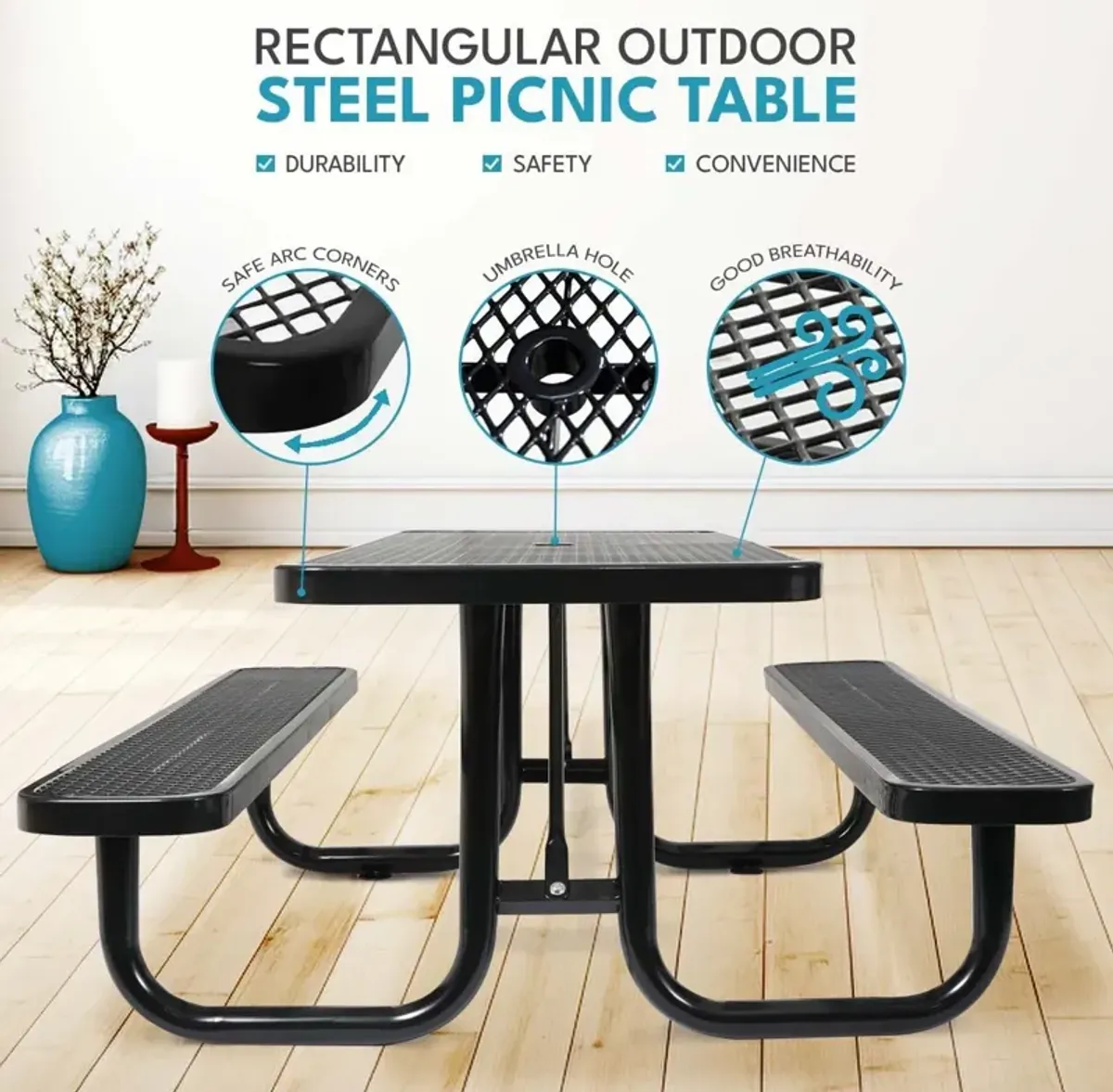 Outdoor Steel Picnic Rectangular Table With Umbrella Pole