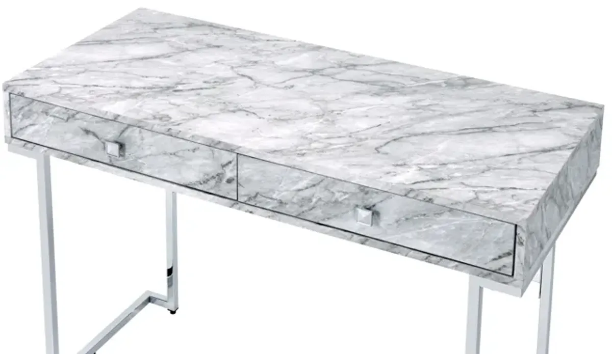 Tigress - Printed Faux Marble Top Writing Desk - White