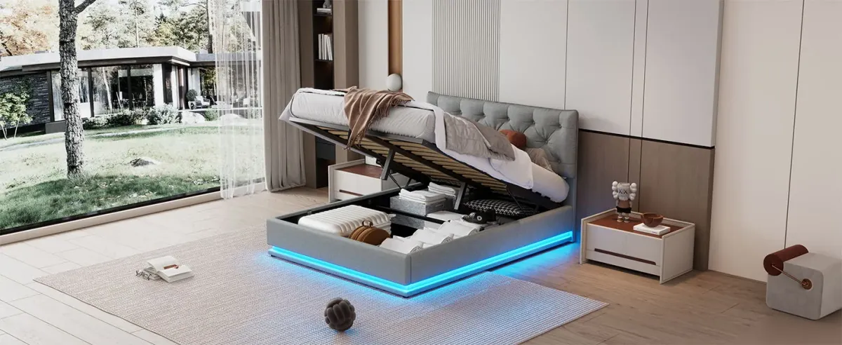 Upholstered Bed With Hydraulic Storage System And LED Light, Modern Platform Bed With Button-Tufted Design Headboard