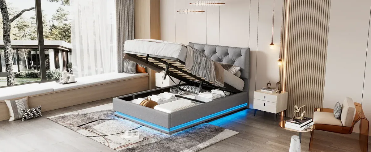 Upholstered Bed With Hydraulic Storage System And LED Light, Modern Platform Bed With Button-Tufted Design Headboard