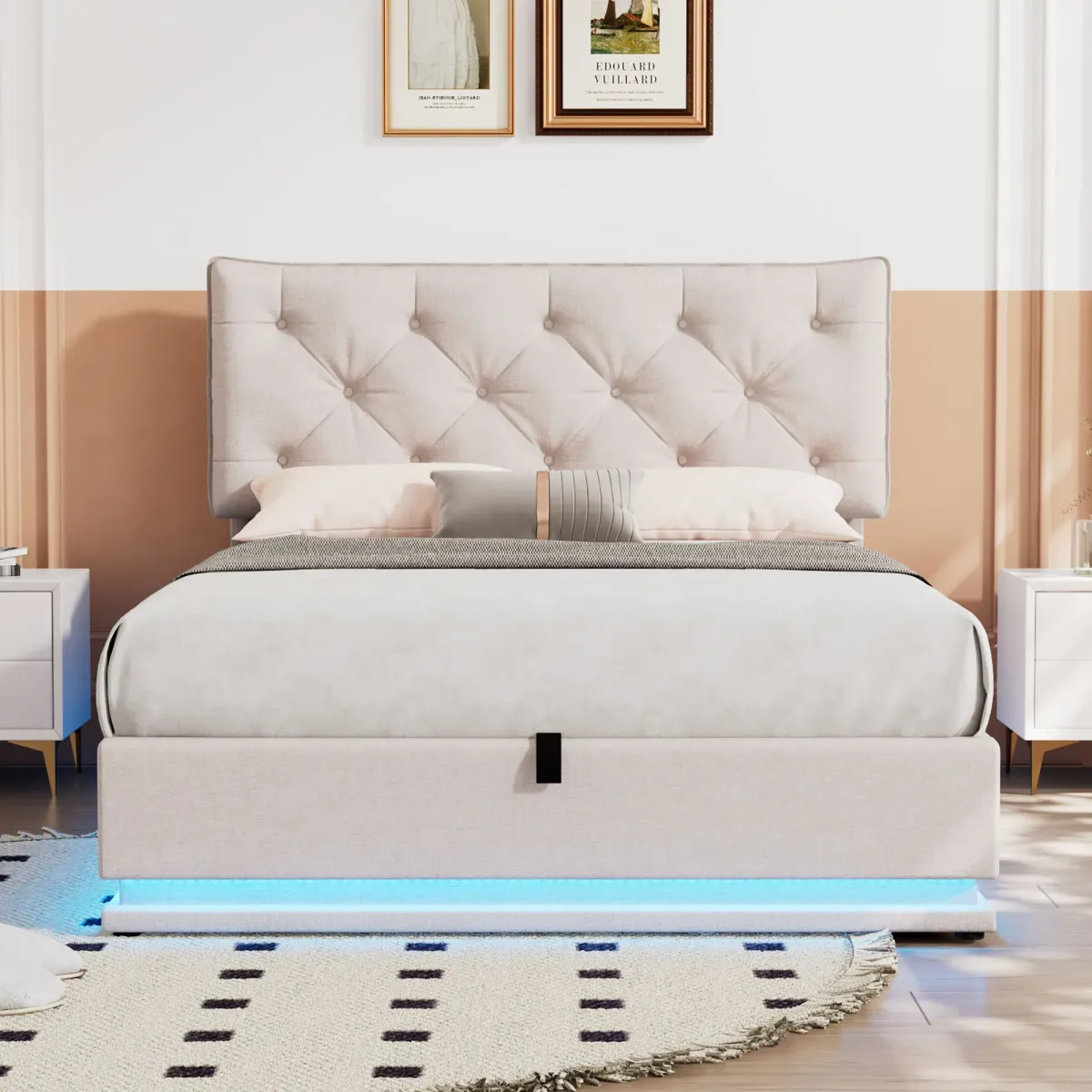 Upholstered Bed With Hydraulic Storage System And LED Light, Modern Platform Bed With Button-Tufted Design Headboard