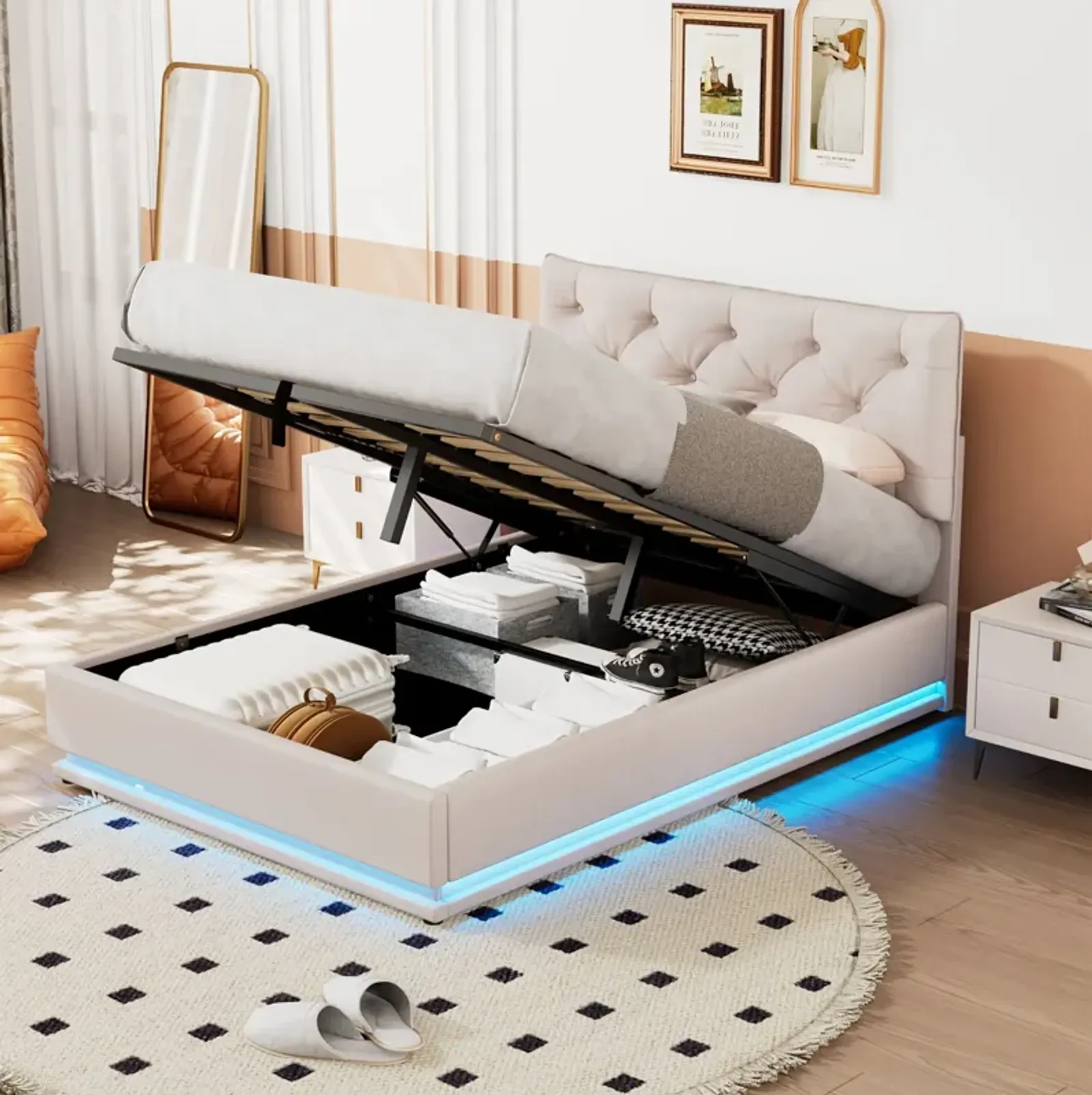 Upholstered Bed With Hydraulic Storage System And LED Light, Modern Platform Bed With Button-Tufted Design Headboard