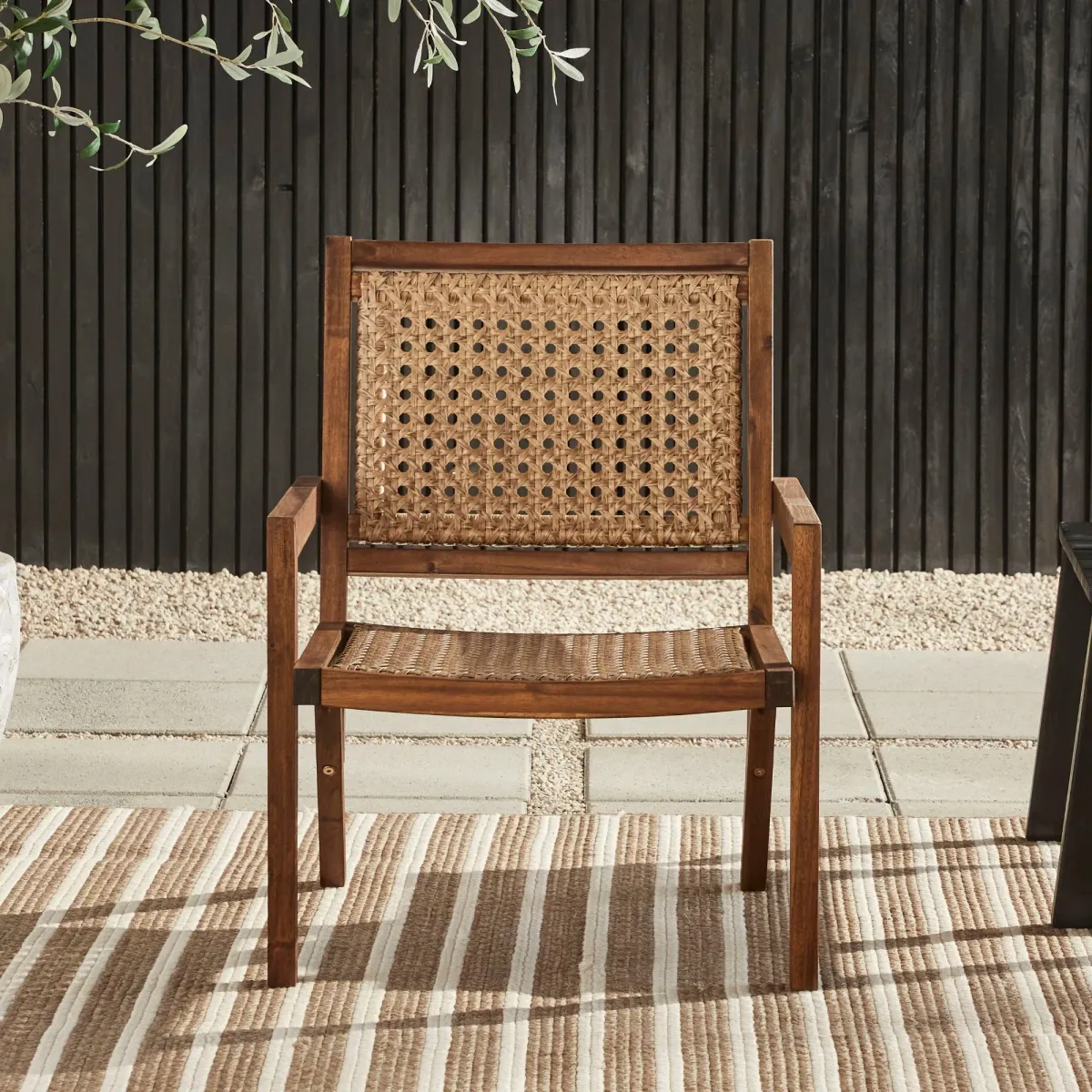 Coastal Solid Wood And Rattan Outdoor Accent Chair - Dark Brown