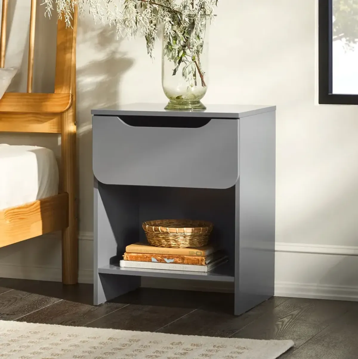 Modern Minimalist 1 Drawer Nightstand With Cubby