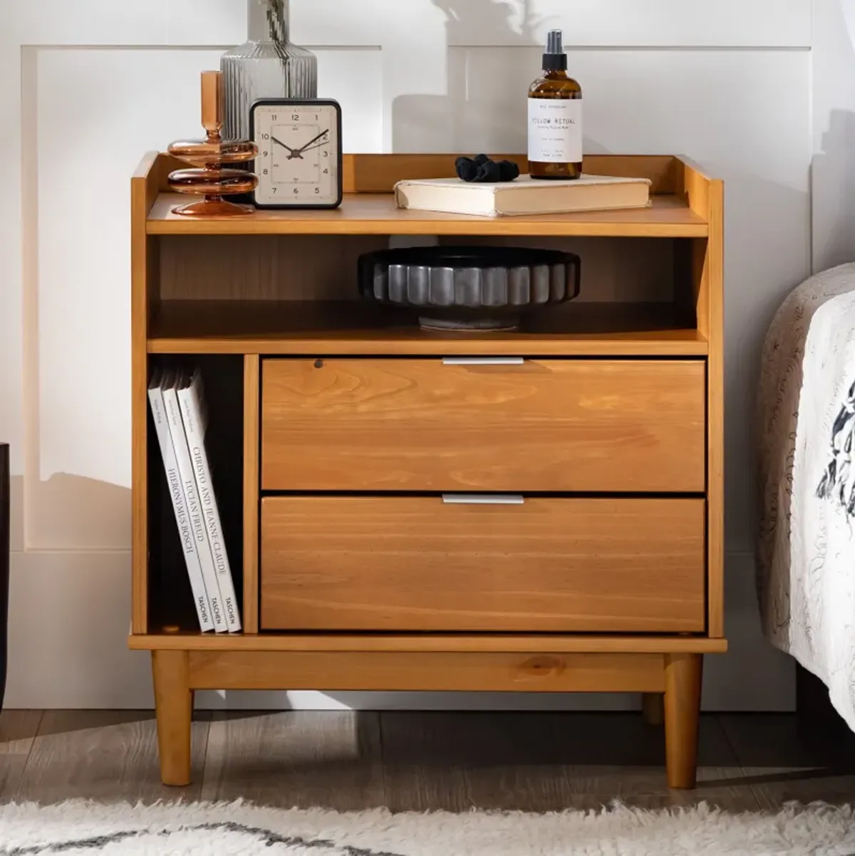 Mid-Century Modern Solid Wood 2 Drawer Gallery Nightstand