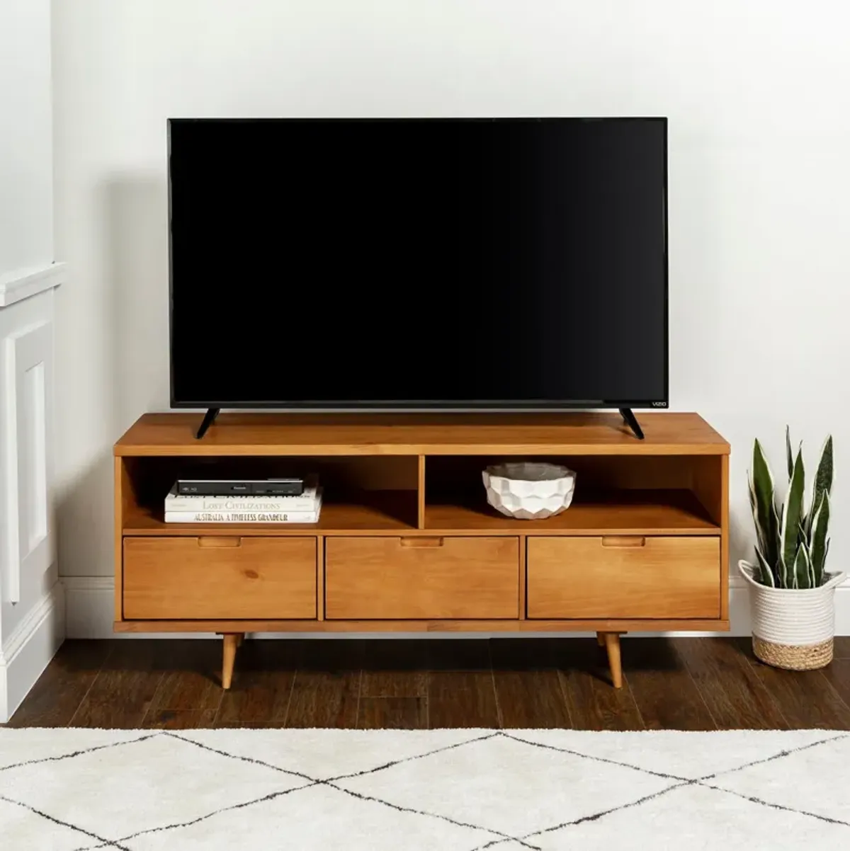 Mid-Century Modern Solid Wood 3 Drawer 58" TV Stand For 65" TVs With 2 Open Cubbies - Caramel