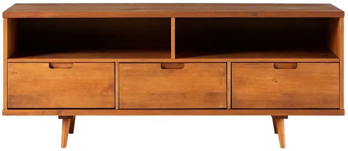 Mid-Century Modern Solid Wood 3 Drawer 58" TV Stand For 65" TVs With 2 Open Cubbies - Caramel