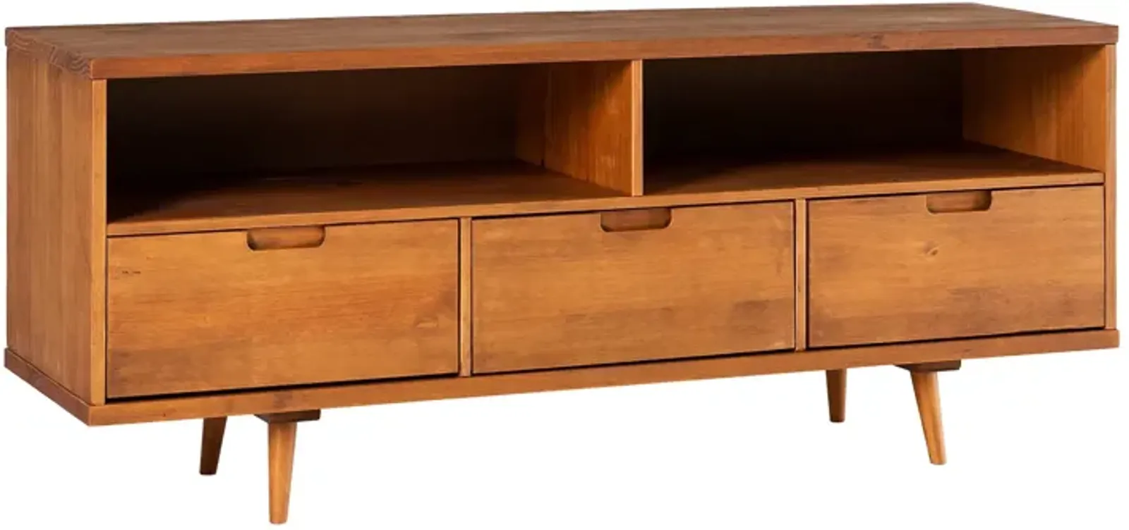 Mid-Century Modern Solid Wood 3 Drawer 58" TV Stand For 65" TVs With 2 Open Cubbies - Caramel