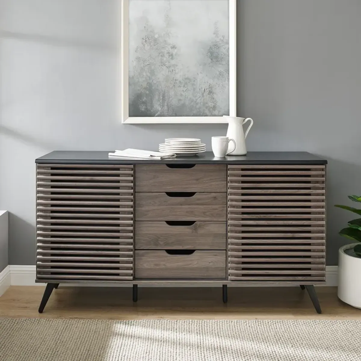 Contemporary Sliding Slat Door Sideboard - Ebony / Slate Gray