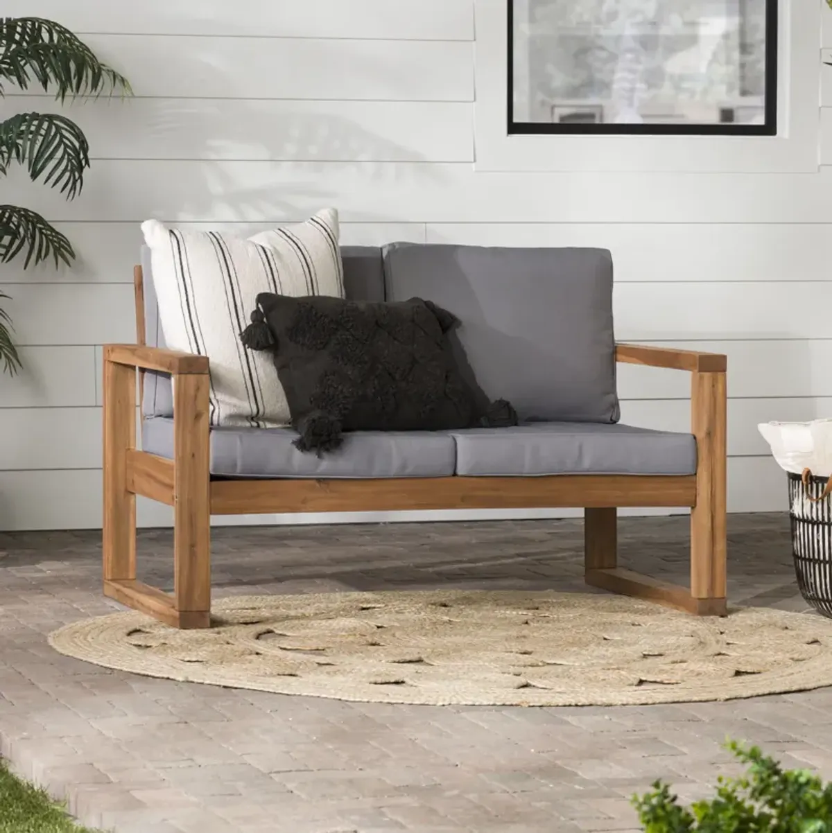 Contemporary Solid Acacia Wood Loveseat With Cushions - Brown