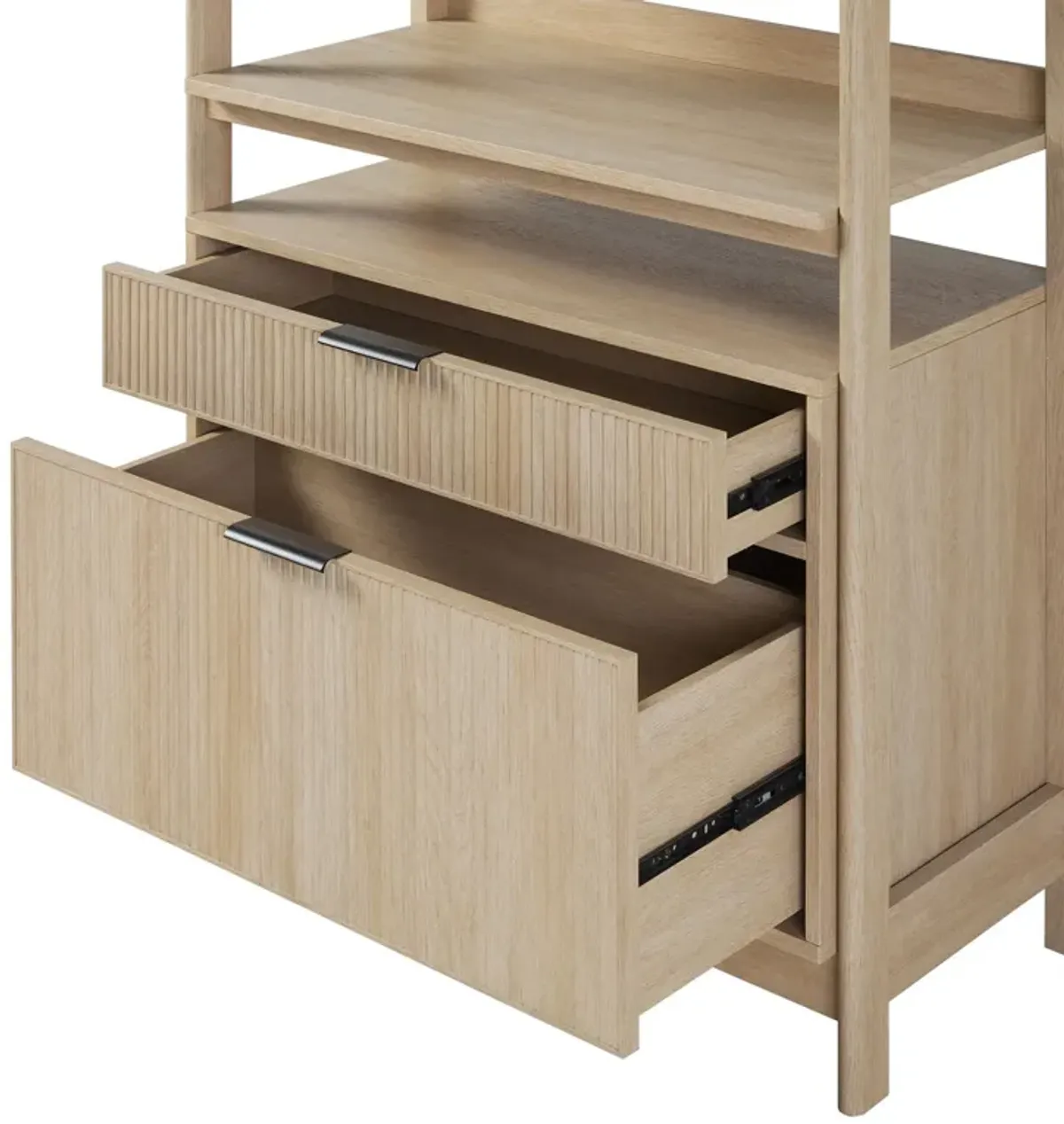 Transitional Wide Reeded Bookshelf With Drawers On Bottom - Oak