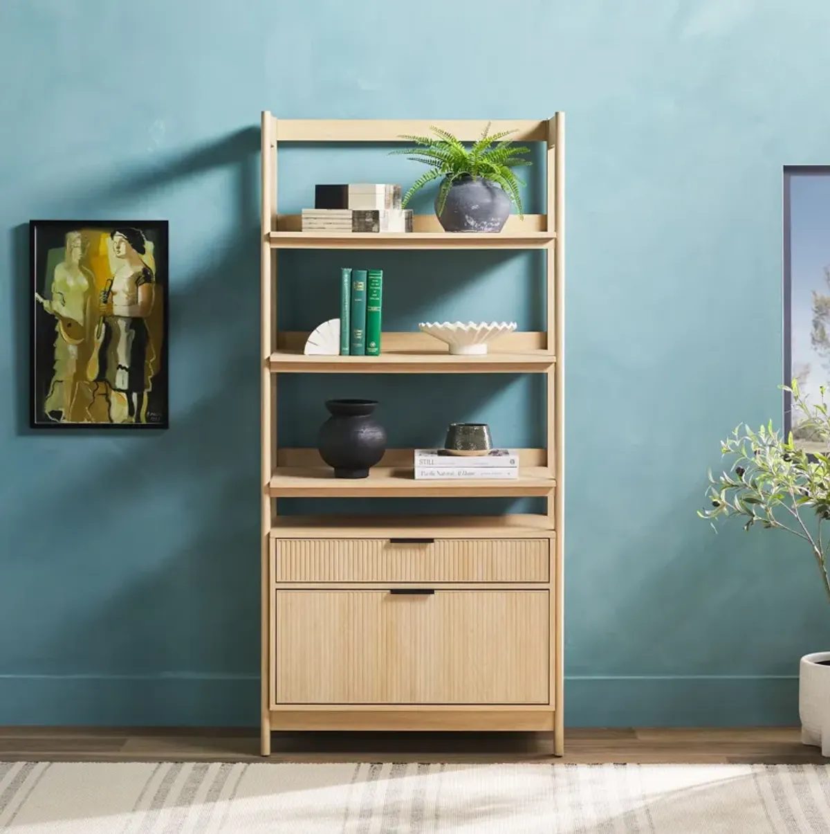 Transitional Wide Reeded Bookshelf With Drawers On Bottom - Oak