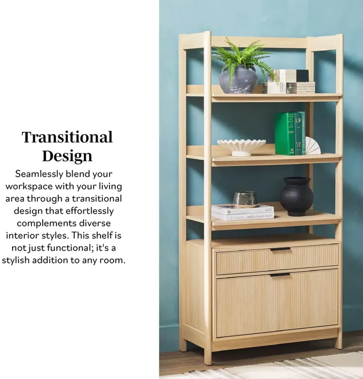 Transitional Wide Reeded Bookshelf With Drawers On Bottom - Oak