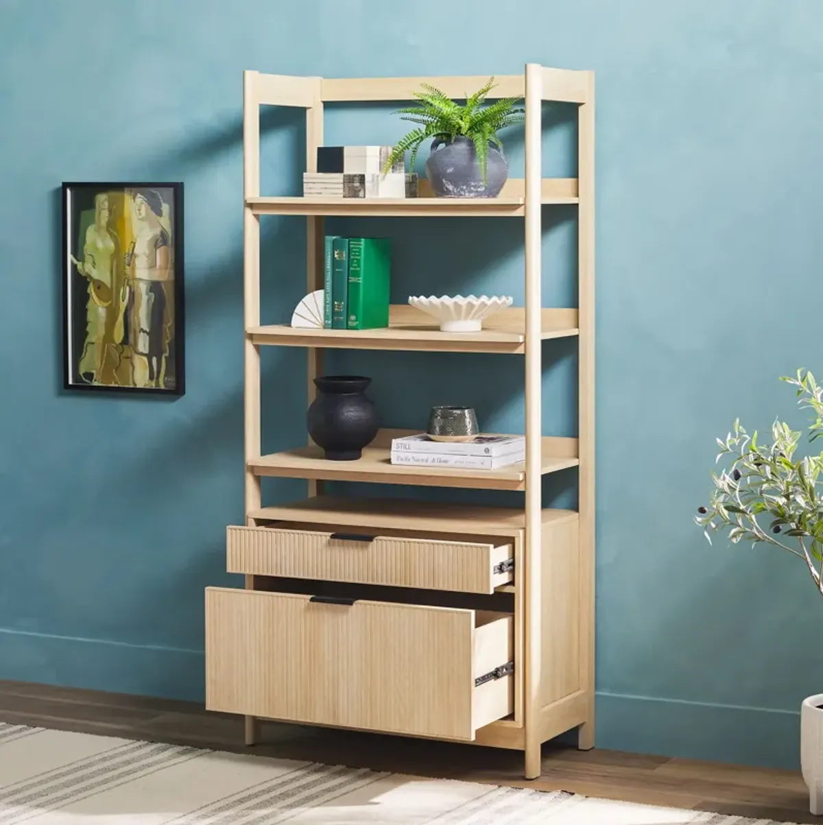 Transitional Wide Reeded Bookshelf With Drawers On Bottom - Oak