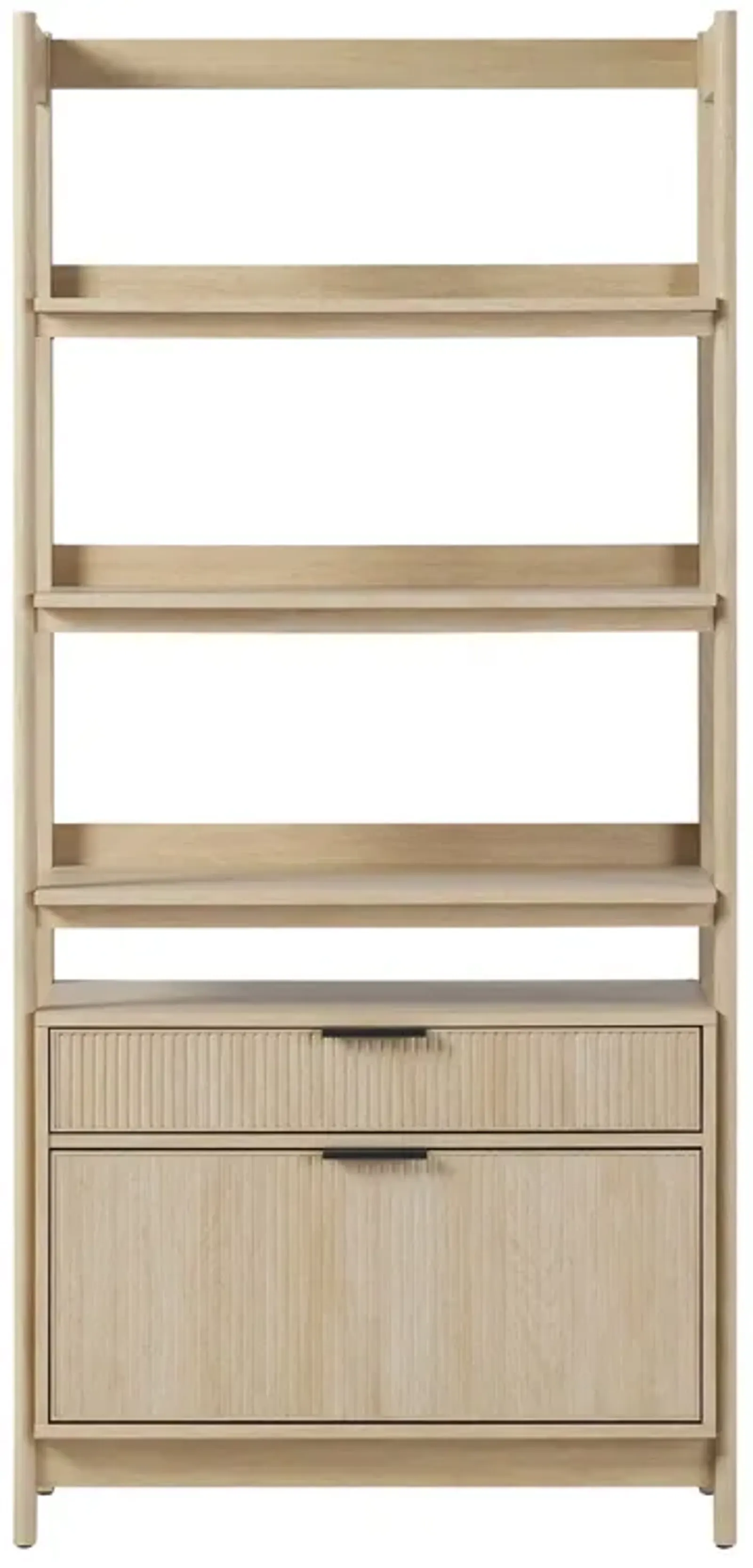 Transitional Wide Reeded Bookshelf With Drawers On Bottom - Oak