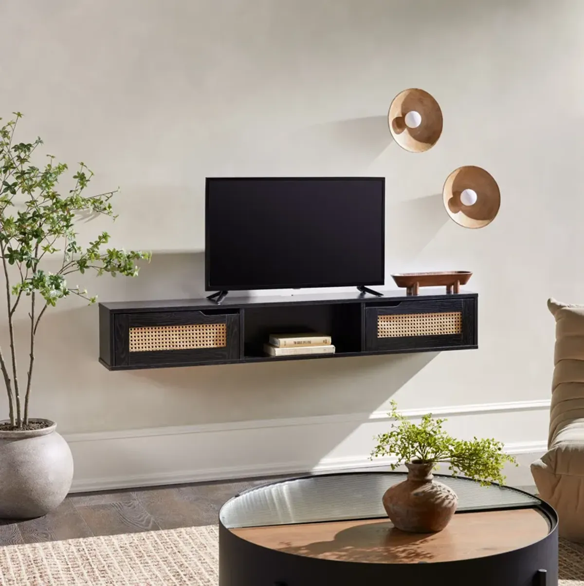 Modern Rattan Door Floating TV Stand For TVs Up To 65"