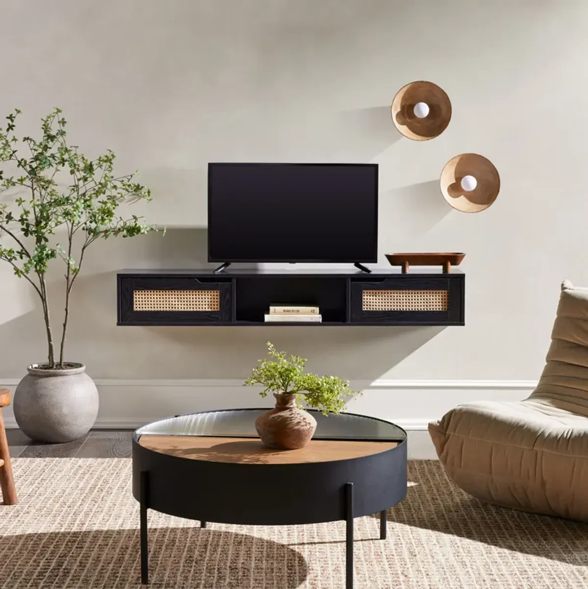 Modern Rattan Door Floating TV Stand For TVs Up To 65"