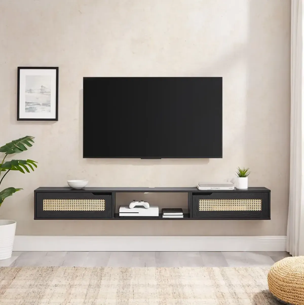 Modern Rattan Door Floating TV Stand For TVs Up To 80"