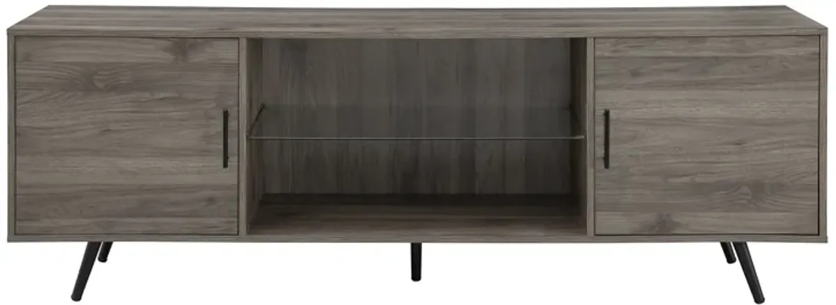 Mid-Century Modern 2 Door TV Stand With Glass Shelf