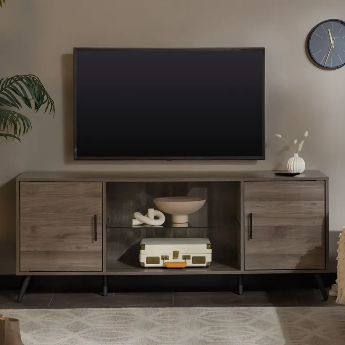 Mid-Century Modern 2 Door TV Stand With Glass Shelf