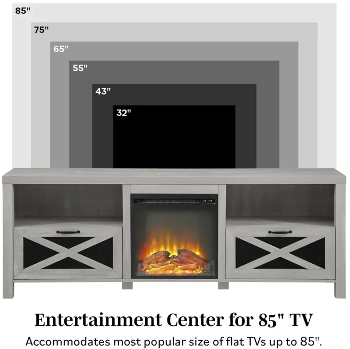 Industrial Farmhouse Metal Mesh Drop Down X Door Fireplace TV Stand