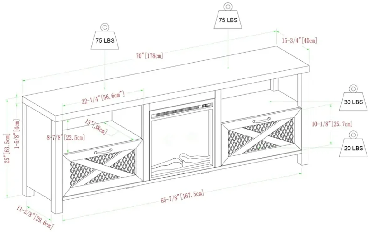 Industrial Farmhouse Metal Mesh Drop Down X Door Fireplace TV Stand