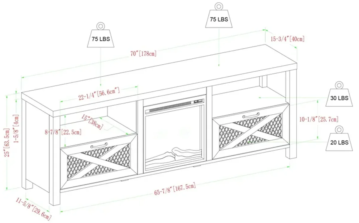 Industrial Farmhouse Metal Mesh Drop Down X Door Fireplace TV Stand